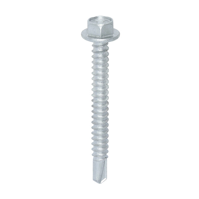 This is an image showing TIMCO Metal Construction Light Section Screws - Hex - Self-Drilling - Exterior - Silver Organic - 5.5 x 50 - 100 Pieces Box available from T.H Wiggans Ironmongery in Kendal, quick delivery at discounted prices.