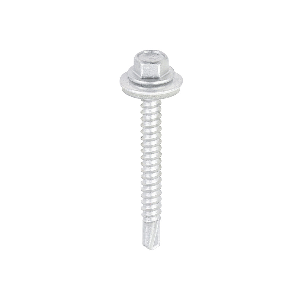 This is an image showing TIMCO Metal Construction Light Section Screws - Hex - EPDM Washer - Self-Drilling - Exterior - Silver Organic - 5.5 x 50 - 100 Pieces Box available from T.H Wiggans Ironmongery in Kendal, quick delivery at discounted prices.