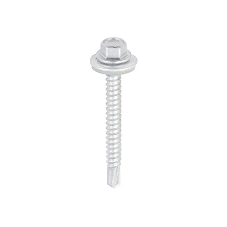 This is an image showing TIMCO Metal Construction Light Section Screws - Hex - EPDM Washer - Self-Drilling - Exterior - Silver Organic - 5.5 x 50 - 100 Pieces Box available from T.H Wiggans Ironmongery in Kendal, quick delivery at discounted prices.
