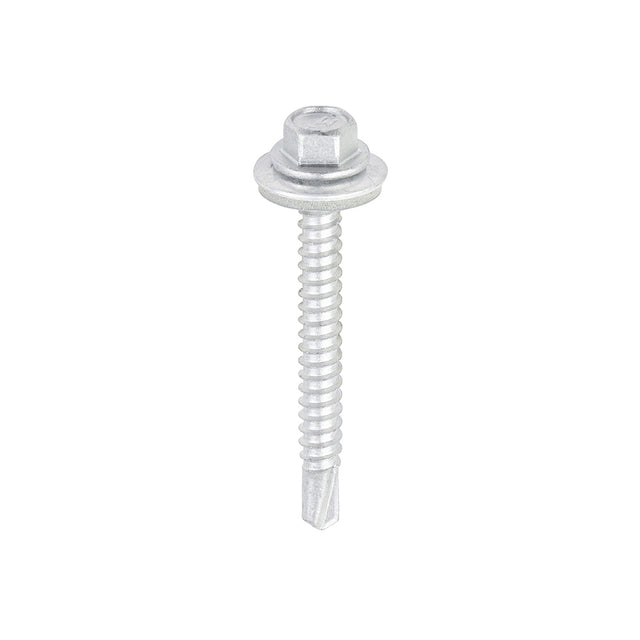 This is an image showing TIMCO Metal Construction Light Section Screws - Hex - EPDM Washer - Self-Drilling - Exterior - Silver Organic - 5.5 x 50 - 100 Pieces Box available from T.H Wiggans Ironmongery in Kendal, quick delivery at discounted prices.