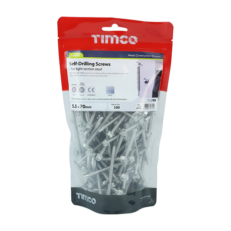 This is an image showing TIMCO Metal Construction Light Section Screws - Hex - Self-Drilling - Exterior - Silver Organic - 5.5 x 70 - 100 Pieces TIMbag available from T.H Wiggans Ironmongery in Kendal, quick delivery at discounted prices.