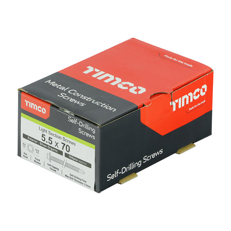 This is an image showing TIMCO Metal Construction Light Section Screws - Hex - Self-Drilling - Exterior - Silver Organic - 5.5 x 70 - 100 Pieces Box available from T.H Wiggans Ironmongery in Kendal, quick delivery at discounted prices.