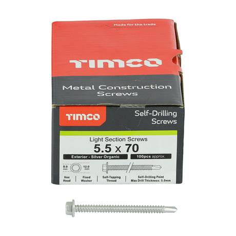 This is an image showing TIMCO Metal Construction Light Section Screws - Hex - Self-Drilling - Exterior - Silver Organic - 5.5 x 70 - 100 Pieces Box available from T.H Wiggans Ironmongery in Kendal, quick delivery at discounted prices.