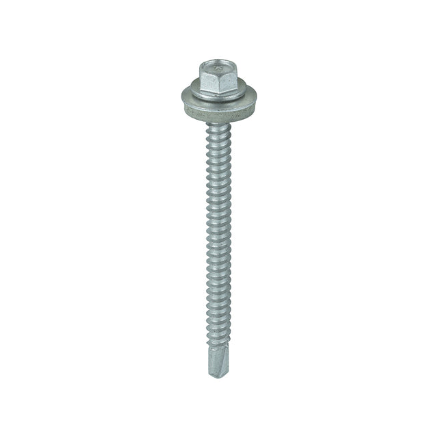 This is an image showing TIMCO Metal Construction Light Section Screws - Hex - EPDM Washer - Self-Drilling - Exterior - Silver Organic - 5.5 x 70 - 100 Pieces Box available from T.H Wiggans Ironmongery in Kendal, quick delivery at discounted prices.
