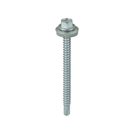 This is an image showing TIMCO Metal Construction Light Section Screws - Hex - EPDM Washer - Self-Drilling - Exterior - Silver Organic - 5.5 x 70 - 100 Pieces Box available from T.H Wiggans Ironmongery in Kendal, quick delivery at discounted prices.