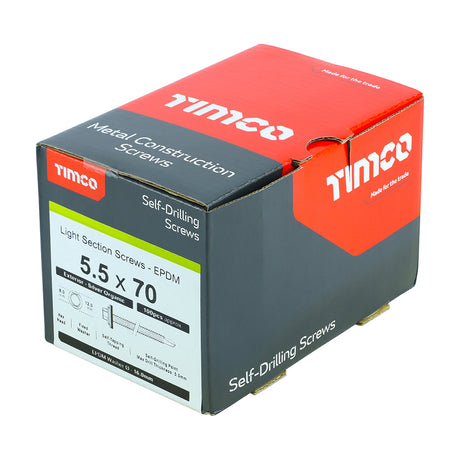 This is an image showing TIMCO Metal Construction Light Section Screws - Hex - EPDM Washer - Self-Drilling - Exterior - Silver Organic - 5.5 x 70 - 100 Pieces Box available from T.H Wiggans Ironmongery in Kendal, quick delivery at discounted prices.