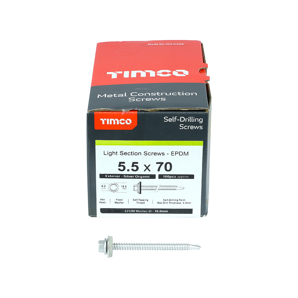 This is an image showing TIMCO Metal Construction Light Section Screws - Hex - EPDM Washer - Self-Drilling - Exterior - Silver Organic - 5.5 x 70 - 100 Pieces Box available from T.H Wiggans Ironmongery in Kendal, quick delivery at discounted prices.