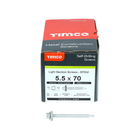 This is an image showing TIMCO Metal Construction Light Section Screws - Hex - EPDM Washer - Self-Drilling - Exterior - Silver Organic - 5.5 x 70 - 100 Pieces Box available from T.H Wiggans Ironmongery in Kendal, quick delivery at discounted prices.