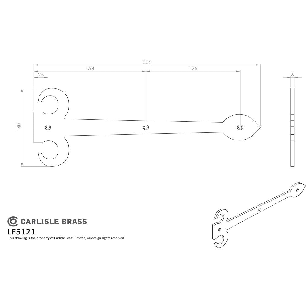 This image is a line drwaing of a Ludlow - Sword Hinge Front 306mm - Black Antique available to order from T.H Wiggans Architectural Ironmongery in Kendal