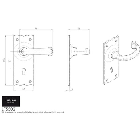 This image is a line drwaing of a Ludlow - Traditional Lever on Latch Backplate - Black Antique available to order from Trade Door Handles in Kendal
