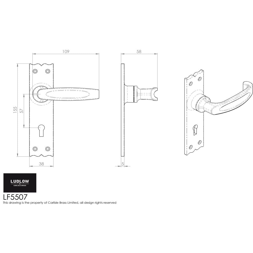This image is a line drwaing of a Ludlow - Slimline V Lever on Lock Backplate - Black Antique available to order from Trade Door Handles in Kendal