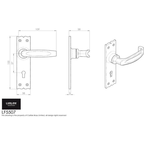 This image is a line drwaing of a Ludlow - Slimline V Lever on Lock Backplate - Black Antique available to order from Trade Door Handles in Kendal