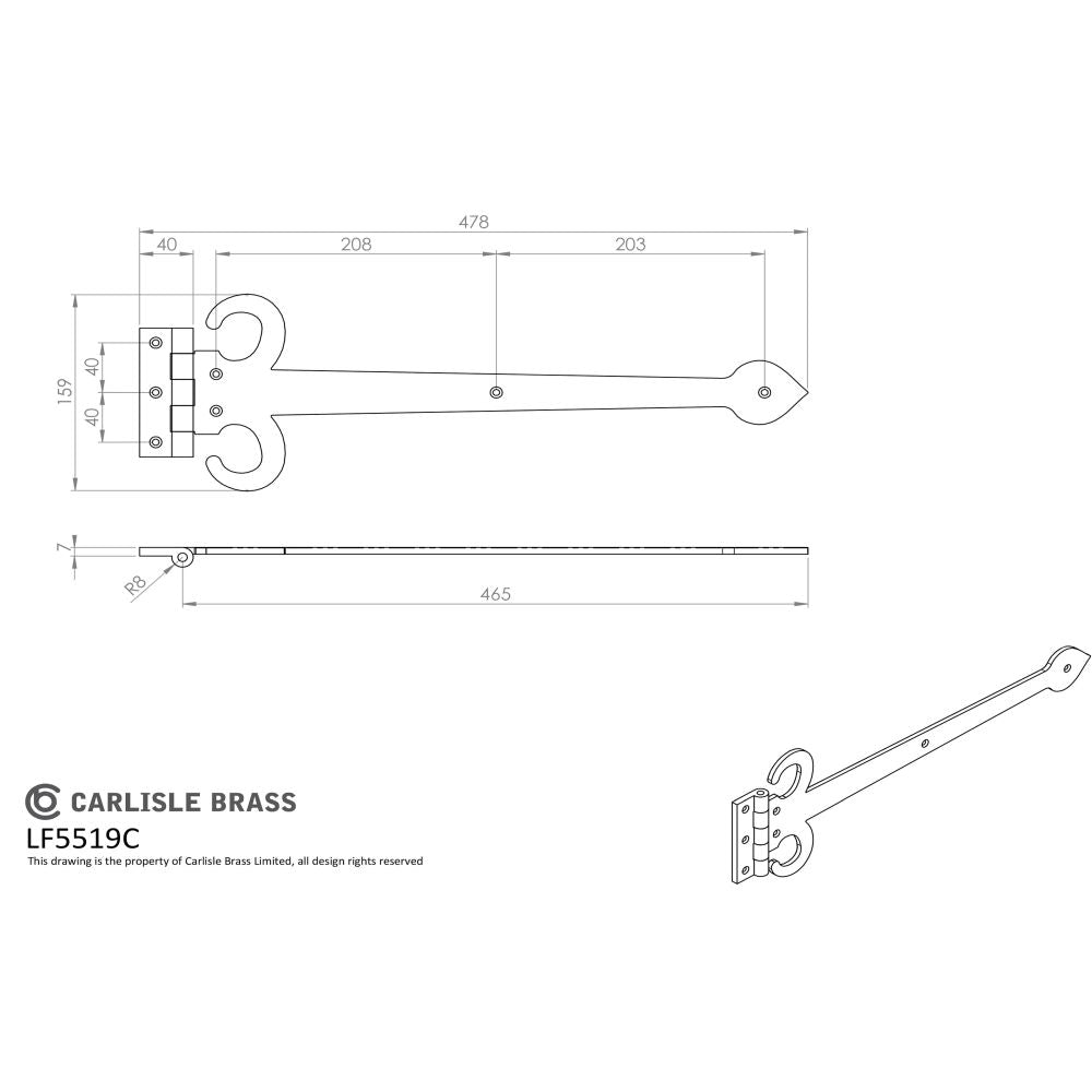 This image is a line drwaing of a Ludlow - Sword Hinge 503mm - Black Antique available to order from T.H Wiggans Architectural Ironmongery in Kendal