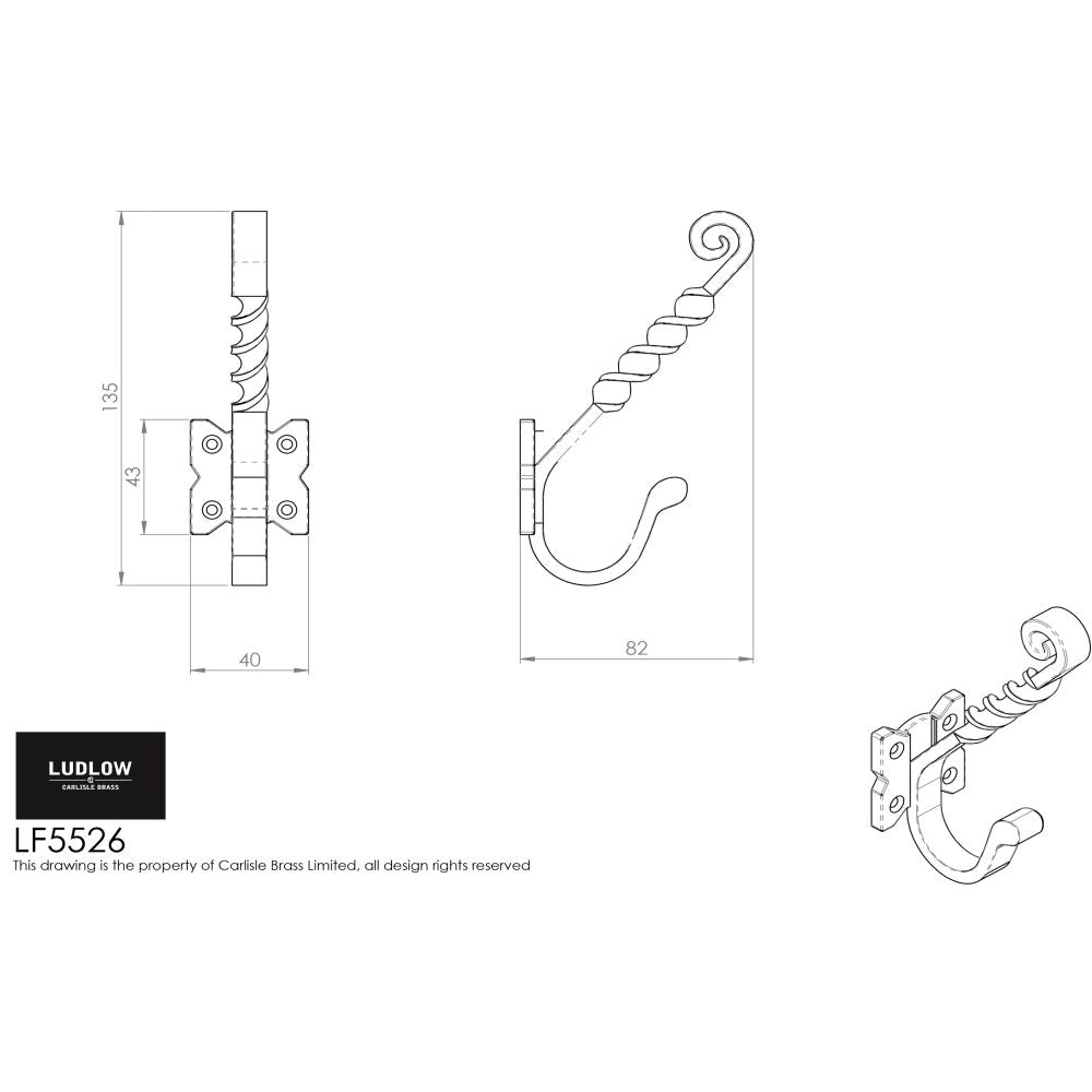 This image is a line drwaing of a Ludlow - Hat and Coat Hook - Black Antique available to order from Trade Door Handles in Kendal