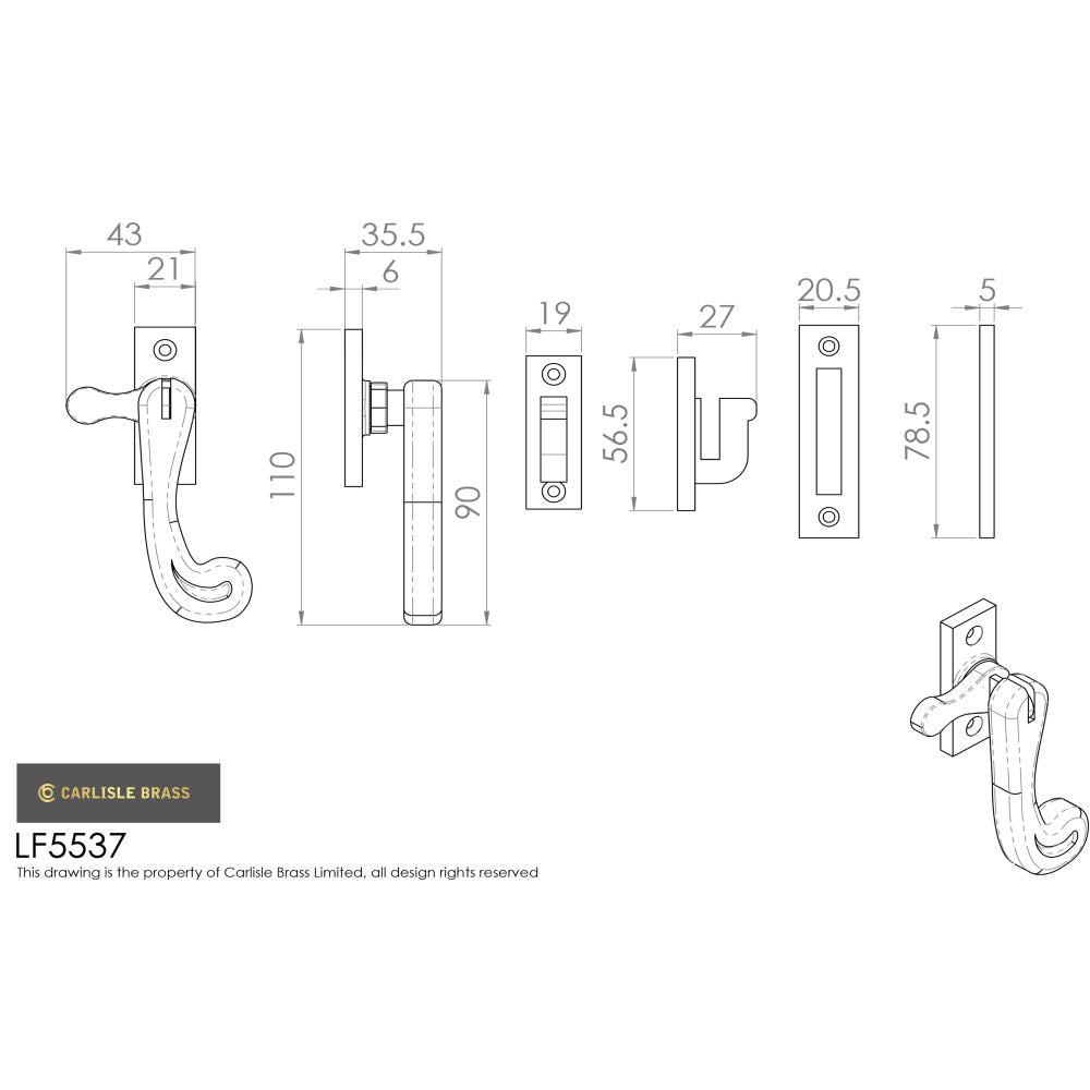 This image is a line drwaing of a Ludlow - Casement Fastener - Black Antique available to order from T.H Wiggans Architectural Ironmongery in Kendal in Kendal