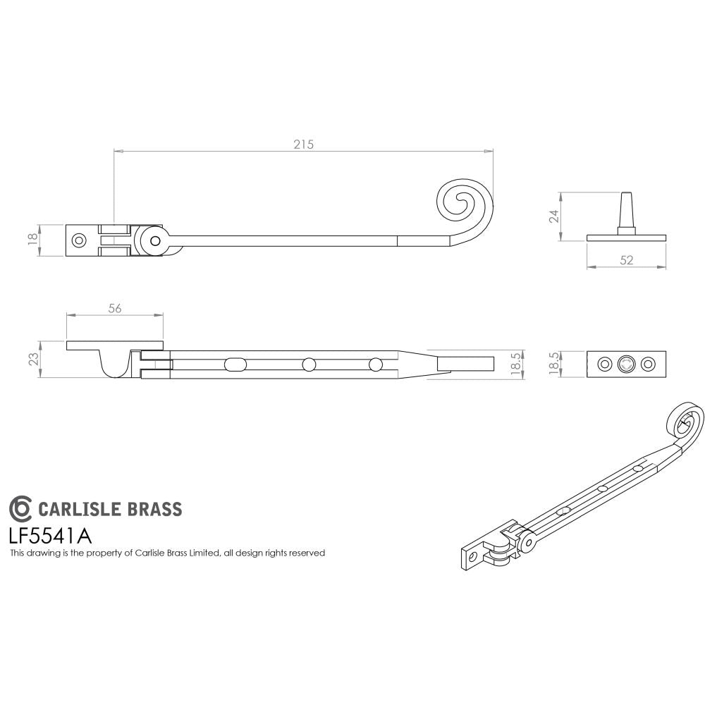 This image is a line drwaing of a Ludlow - Curly Tail Casement Stay 203mm - Black Antique available to order from T.H Wiggans Architectural Ironmongery in Kendal in Kendal