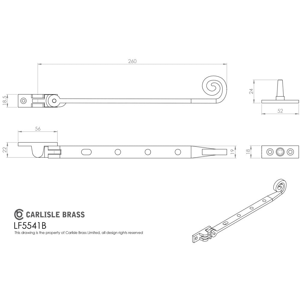 This image is a line drwaing of a Ludlow - Curly Tail Casement Stay 254mm - Black Antique available to order from T.H Wiggans Architectural Ironmongery in Kendal in Kendal