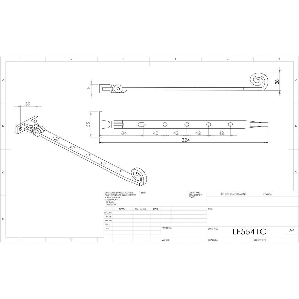 This image is a line drwaing of a Ludlow - Curly Tail Casement Stay 305mm - Black Antique available to order from T.H Wiggans Architectural Ironmongery in Kendal in Kendal