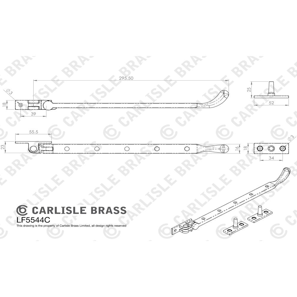 This image is a line drwaing of a Ludlow - Bulb End Casement Stay 305mm - Black Antique available to order from T.H Wiggans Architectural Ironmongery in Kendal in Kendal
