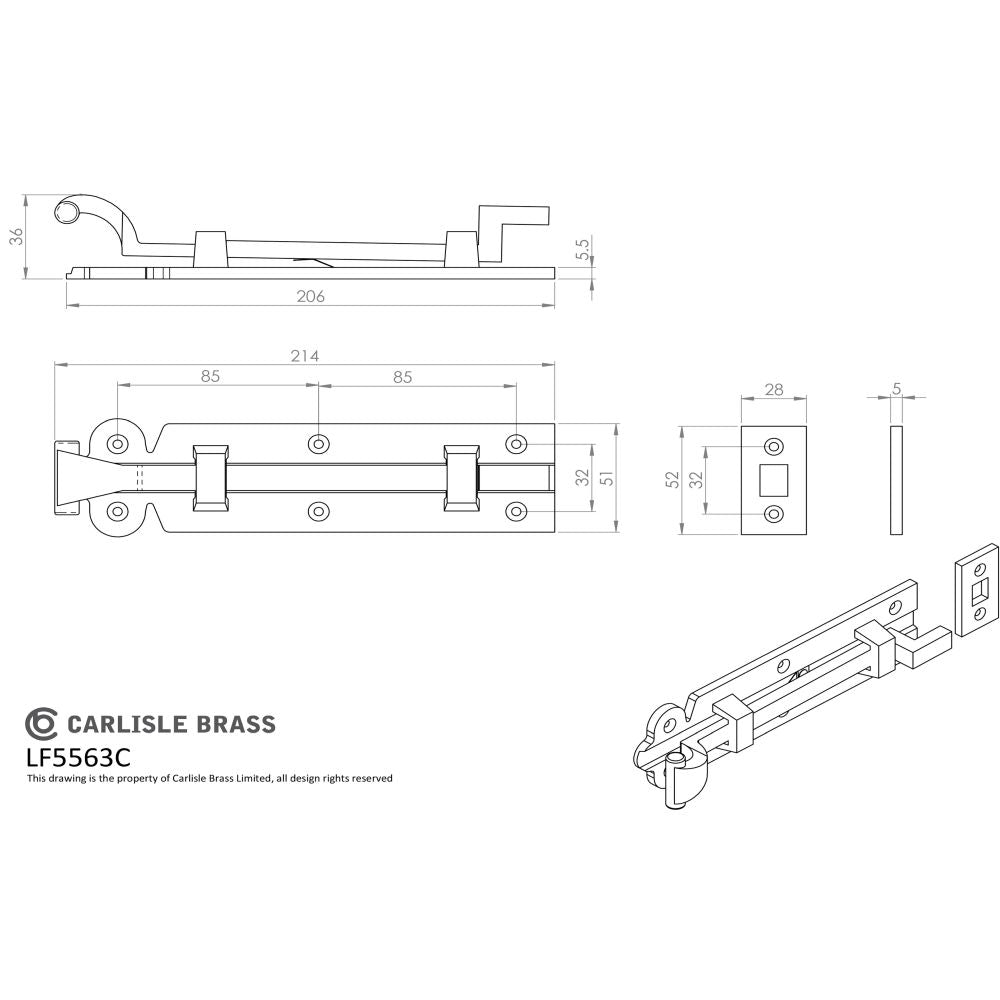 This image is a line drwaing of a Ludlow - Cranked Door Bolt 214mm - Black Antique available to order from Trade Door Handles in Kendal