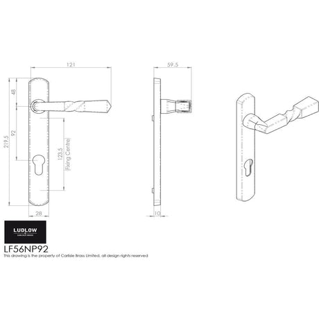 This image is a line drwaing of a Ludlow - Narrow Plate - Straight Lever Furniture 92mm c/c - Black Antique available to order from Trade Door Handles in Kendal