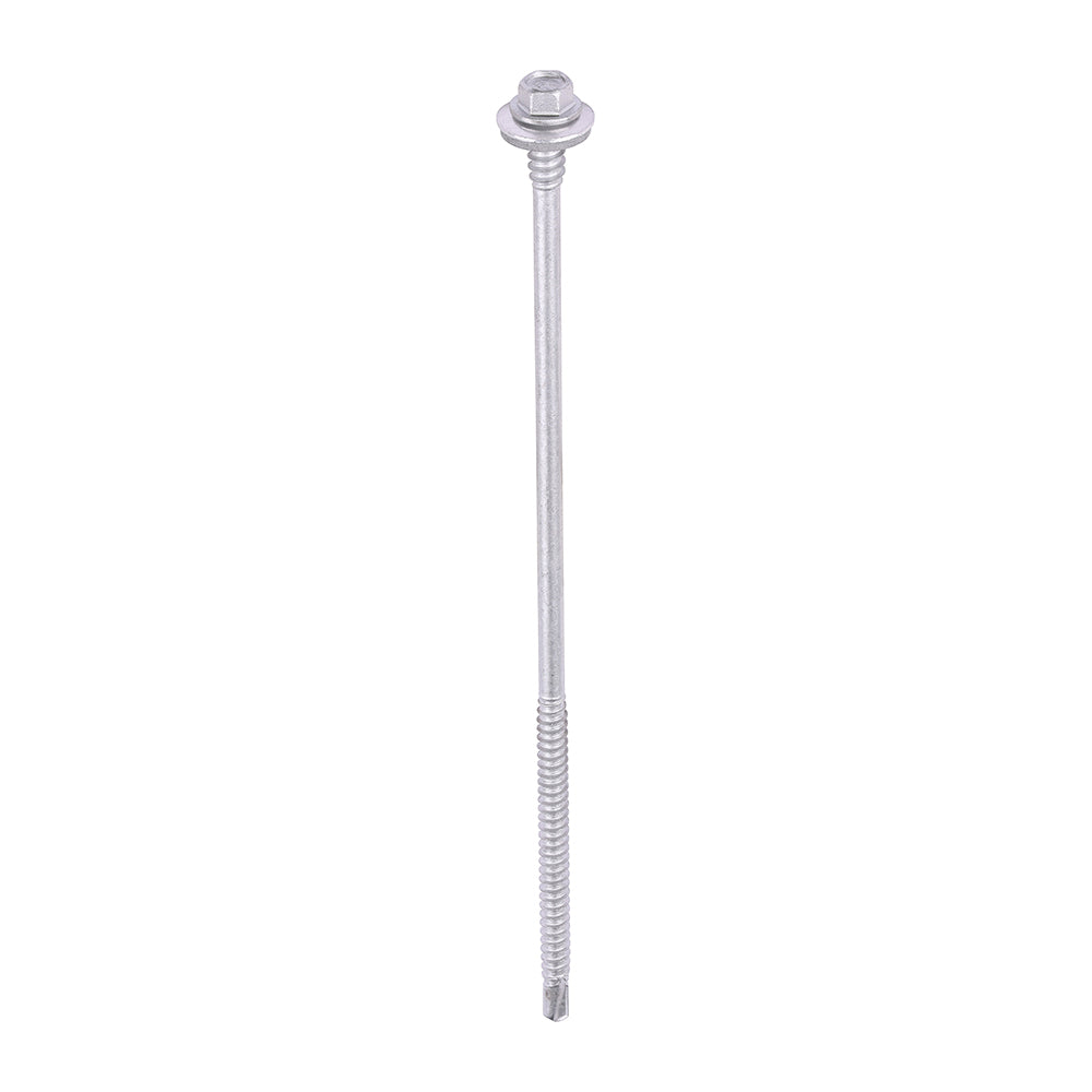 This is an image showing TIMCO Metal Construction Composite Panel Screws - Hex - EPDM Washer - Self-Drilling - Exterior - Silver Organic - 5.5/6.3 x 180 - 50 Pieces Box available from T.H Wiggans Ironmongery in Kendal, quick delivery at discounted prices.