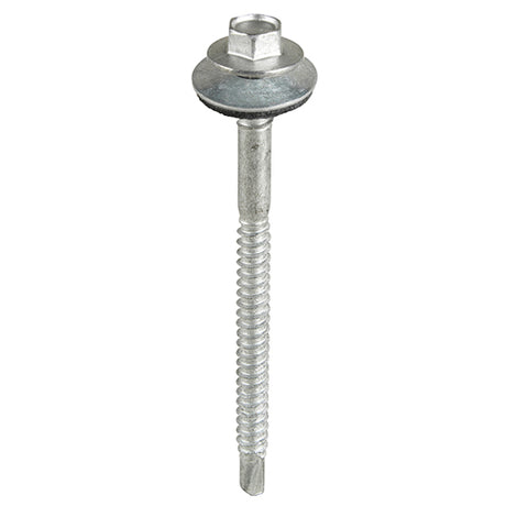 This is an image showing TIMCO Metal Construction Composite Panel Screws - Hex - EPDM Washer - Self-Drilling - Exterior - Silver Organic - 5.5/6.3 x 98 - 100 Pieces Box available from T.H Wiggans Ironmongery in Kendal, quick delivery at discounted prices.