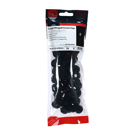 This is an image showing TIMCO Hinged Screw Caps - Large - Black - To fit 5.0 to 6.0 Screw - 50 Pieces TIMpac available from T.H Wiggans Ironmongery in Kendal, quick delivery at discounted prices.