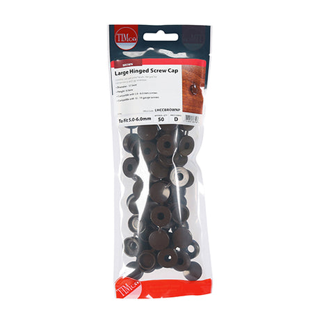This is an image showing TIMCO Hinged Screw Caps - Large - Brown - To fit 5.0 to 6.0 Screw - 50 Pieces TIMpac available from T.H Wiggans Ironmongery in Kendal, quick delivery at discounted prices.
