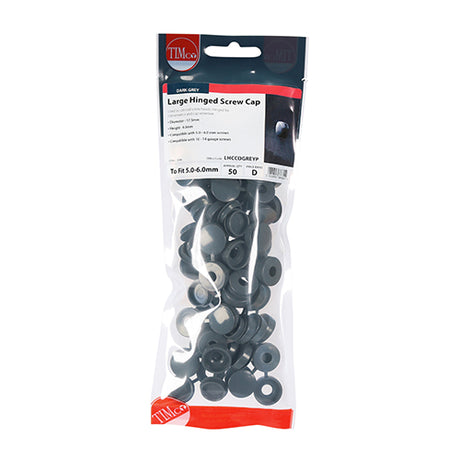 This is an image showing TIMCO Hinged Screw Caps - Large - Dark Grey - To fit 5.0 to 6.0 Screw - 50 Pieces TIMpac available from T.H Wiggans Ironmongery in Kendal, quick delivery at discounted prices.