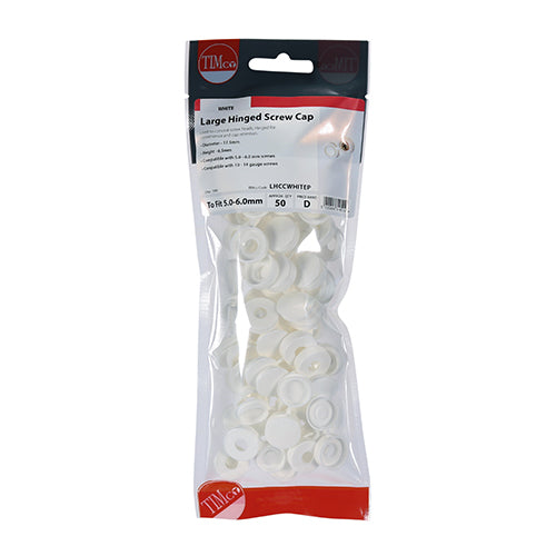 This is an image showing TIMCO Hinged Screw Caps - Large - White - To fit 5.0 to 6.0 Screw - 50 Pieces TIMpac available from T.H Wiggans Ironmongery in Kendal, quick delivery at discounted prices.