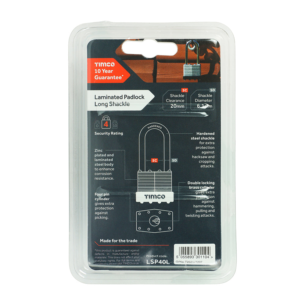 This is an image showing TIMCO Laminated Padlock Long Shackle - 40mm - 1 Each Blister Pack available from T.H Wiggans Ironmongery in Kendal, quick delivery at discounted prices.