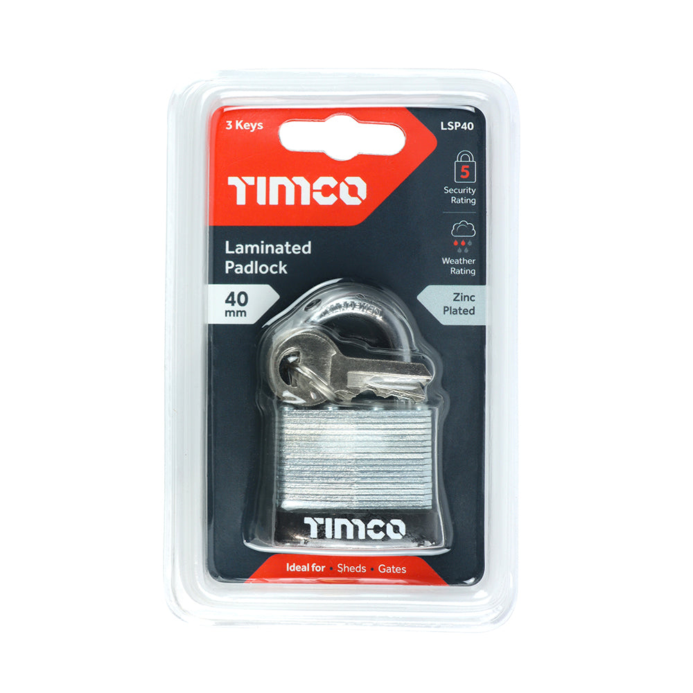 This is an image showing TIMCO Laminated Padlock - 40mm - 1 Each Blister Pack available from T.H Wiggans Ironmongery in Kendal, quick delivery at discounted prices.