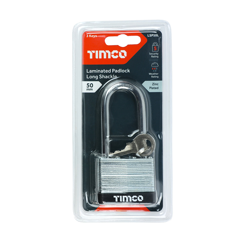 This is an image showing TIMCO Laminated Padlock Long Shackle - 50mm - 1 Each Blister Pack available from T.H Wiggans Ironmongery in Kendal, quick delivery at discounted prices.