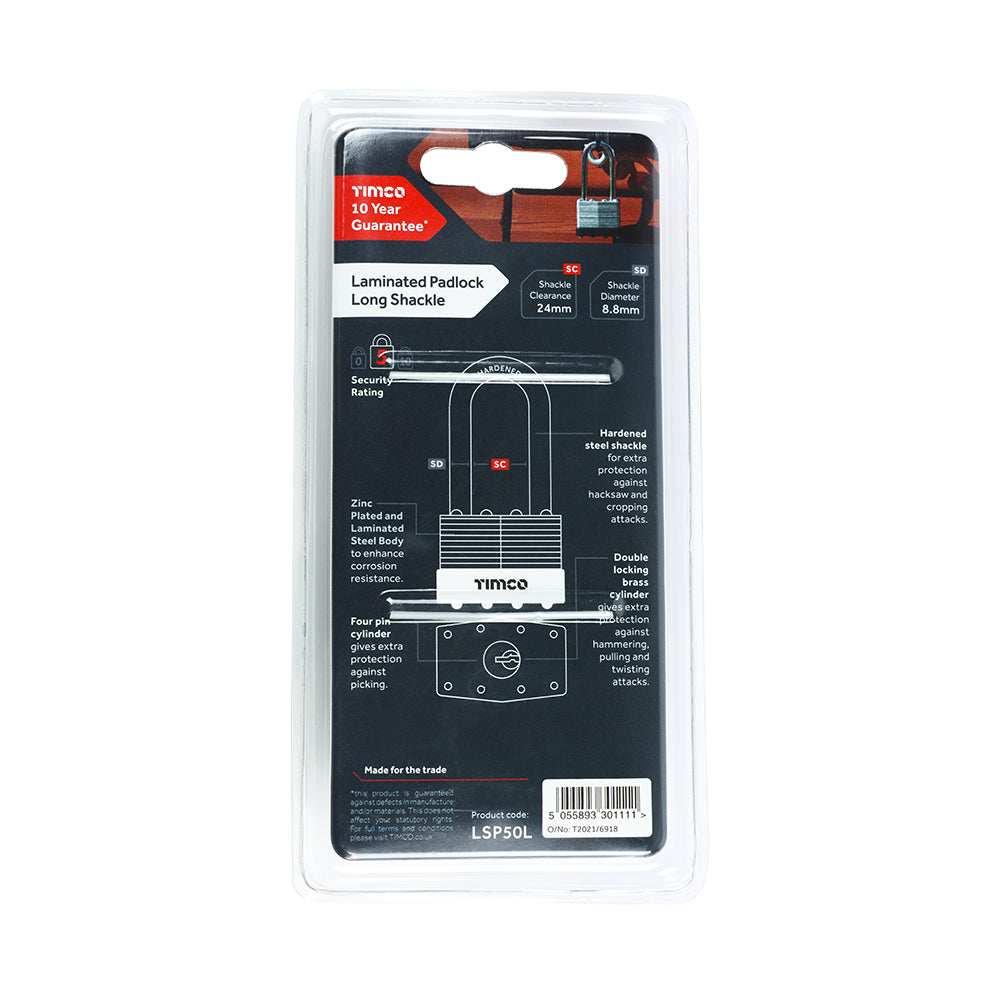 This is an image showing TIMCO Laminated Padlock Long Shackle - 50mm - 1 Each Blister Pack available from T.H Wiggans Ironmongery in Kendal, quick delivery at discounted prices.