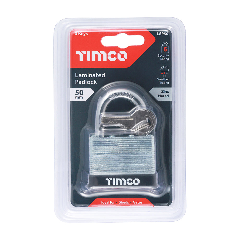 This is an image showing TIMCO Laminated Padlock - 50mm - 1 Each Blister Pack available from T.H Wiggans Ironmongery in Kendal, quick delivery at discounted prices.