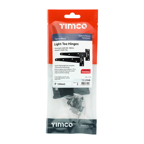 This is an image showing TIMCO Pair of Light Tee Hinges - Black - 4" - 1 Each TIMpac available from T.H Wiggans Ironmongery in Kendal, quick delivery at discounted prices.
