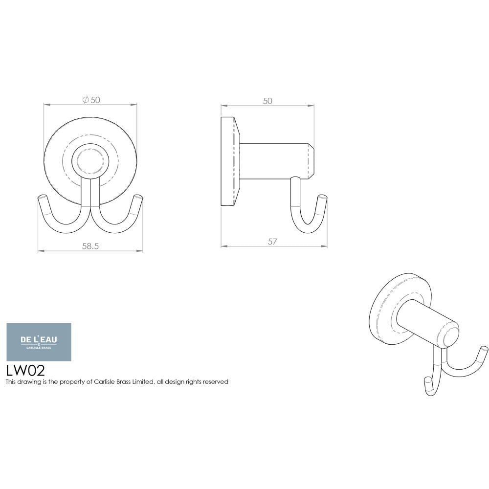 This image is a line drwaing of a Carlisle Brass - Tempo Double Robe Hook - Polished Chrome available to order from Trade Door Handles in Kendal