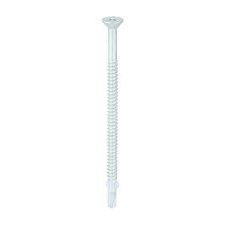 This is an image showing TIMCO Metal Construction Timber to Light Section Screws - Countersunk - Wing-Tip - Self-Drilling - Exterior - Silver Organic - 5.5 x 100 - 100 Pieces Box available from T.H Wiggans Ironmongery in Kendal, quick delivery at discounted prices.