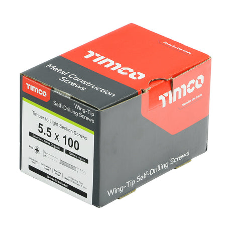This is an image showing TIMCO Metal Construction Timber to Light Section Screws - Countersunk - Wing-Tip - Self-Drilling - Exterior - Silver Organic - 5.5 x 100 - 100 Pieces Box available from T.H Wiggans Ironmongery in Kendal, quick delivery at discounted prices.