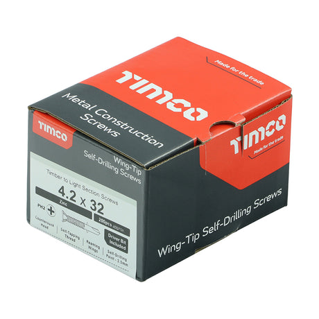 This is an image showing TIMCO Metal Construction Timber to Light Section Screws - Countersunk - Wing-Tip - Self-Drilling - Zinc - 4.2 x 32 - 200 Pieces Box available from T.H Wiggans Ironmongery in Kendal, quick delivery at discounted prices.