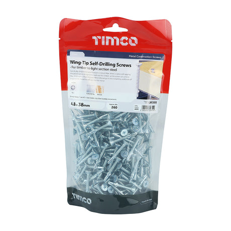 This is an image showing TIMCO Metal Construction Timber to Light Section Screws - Countersunk - Wing-Tip - Self-Drilling - Zinc - 4.8 x 38 - 260 Pieces TIMbag available from T.H Wiggans Ironmongery in Kendal, quick delivery at discounted prices.