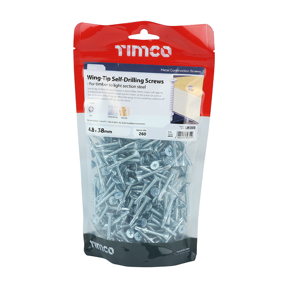 This is an image showing TIMCO Metal Construction Timber to Light Section Screws - Countersunk - Wing-Tip - Self-Drilling - Zinc - 4.8 x 38 - 260 Pieces TIMbag available from T.H Wiggans Ironmongery in Kendal, quick delivery at discounted prices.