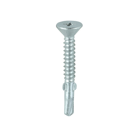 This is an image showing TIMCO Metal Construction Timber to Light Section Screws - Countersunk - Wing-Tip - Self-Drilling - Exterior - Silver Organic - 4.8 x 38 - 200 Pieces Box available from T.H Wiggans Ironmongery in Kendal, quick delivery at discounted prices.