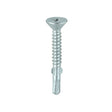 This is an image showing TIMCO Metal Construction Timber to Light Section Screws - Countersunk - Wing-Tip - Self-Drilling - Exterior - Silver Organic - 4.8 x 38 - 200 Pieces Box available from T.H Wiggans Ironmongery in Kendal, quick delivery at discounted prices.