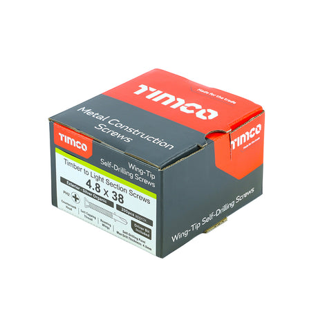 This is an image showing TIMCO Metal Construction Timber to Light Section Screws - Countersunk - Wing-Tip - Self-Drilling - Exterior - Silver Organic - 4.8 x 38 - 200 Pieces Box available from T.H Wiggans Ironmongery in Kendal, quick delivery at discounted prices.