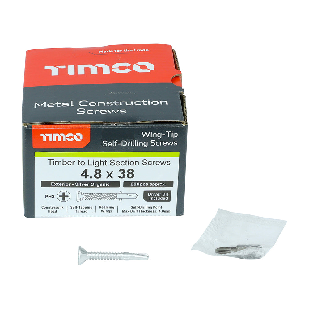 This is an image showing TIMCO Metal Construction Timber to Light Section Screws - Countersunk - Wing-Tip - Self-Drilling - Exterior - Silver Organic - 4.8 x 38 - 200 Pieces Box available from T.H Wiggans Ironmongery in Kendal, quick delivery at discounted prices.