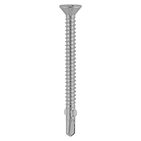 This is an image showing TIMCO Metal Construction Timber to Light Section Screws - Countersunk - Wing-Tip - Self-Drilling - Exterior - Silver Organic - 4.2 x 38 - 200 Pieces Box available from T.H Wiggans Ironmongery in Kendal, quick delivery at discounted prices.