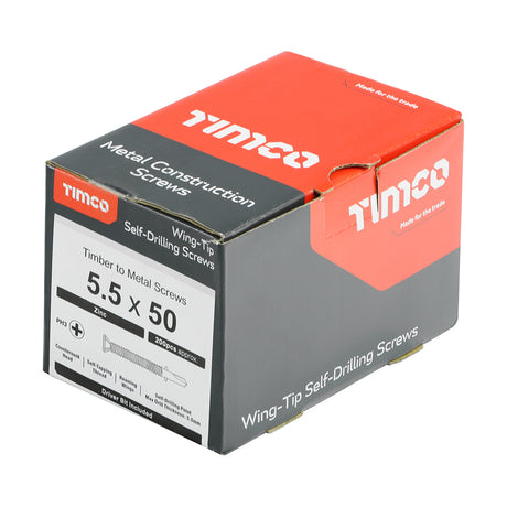 This is an image showing TIMCO Metal Construction Timber to Light Section Screws - Countersunk - Wing-Tip - Self-Drilling - Zinc - 5.5 x 50 - 200 Pieces Box available from T.H Wiggans Ironmongery in Kendal, quick delivery at discounted prices.