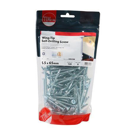 This is an image showing TIMCO Metal Construction Timber to Light Section Screws - Countersunk - Wing-Tip - Self-Drilling - Zinc - 5.5 x 65 - 120 Pieces TIMbag available from T.H Wiggans Ironmongery in Kendal, quick delivery at discounted prices.